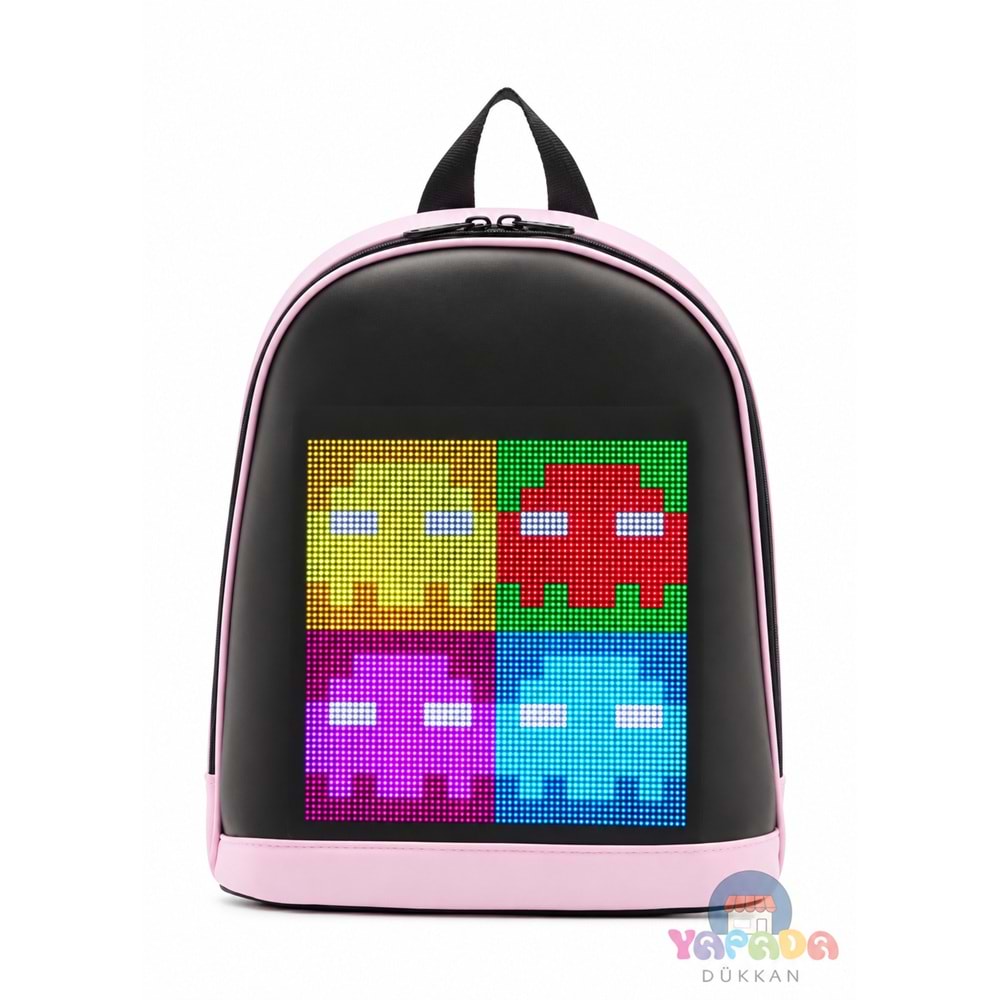 Jarmend T7-02 Zıpır Pembe 26 x 11 x 30 cm Oxford Kumaş-Naylon Bluetooth Kontrollü 64 x 64 Piksel LED Ekranlı Akıllı Sırt Çantası
