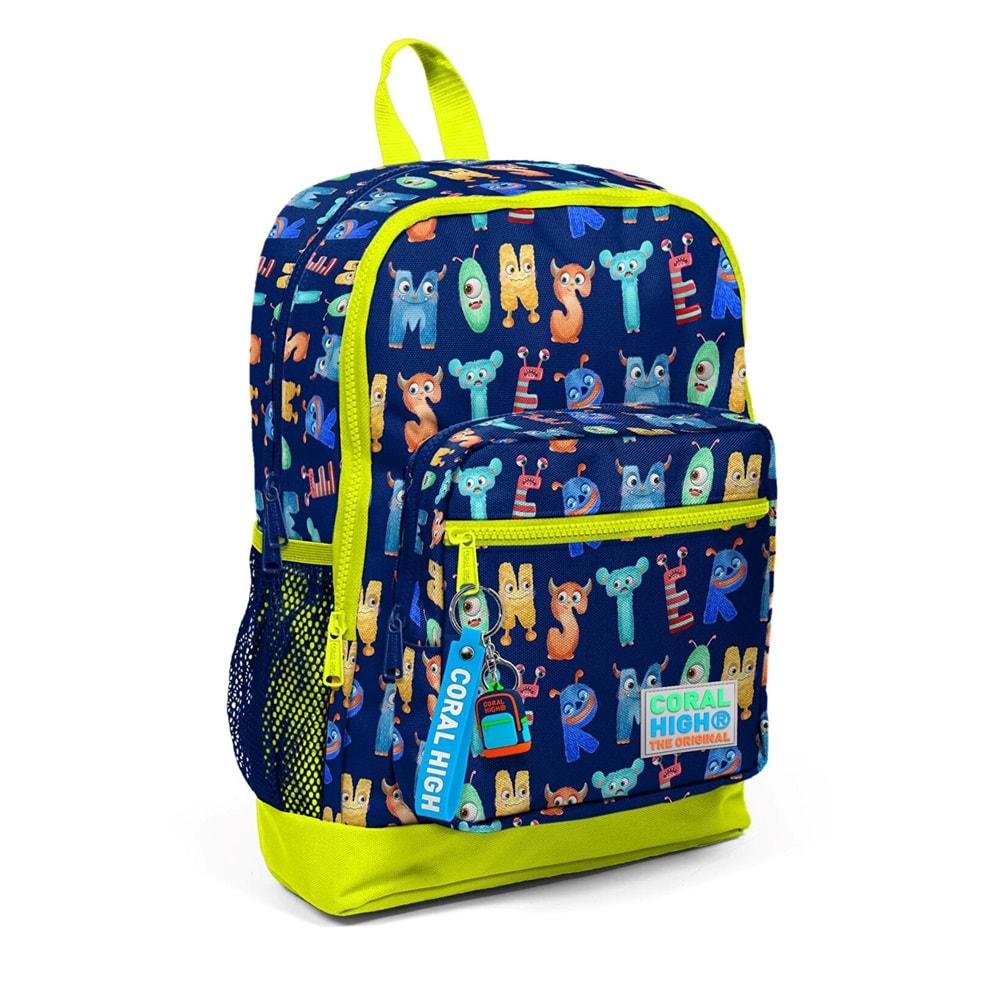 Coral High Kids Lacivert Neon Sarı Monster Desenli Dört Bölmeli Okul Sırt Çantası 23726