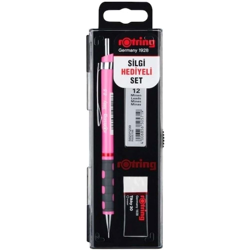 Rotring Tikky Mekanik Kurşun Kalem Set - Min Silgi 3'lü 0.7 Neon Pembe