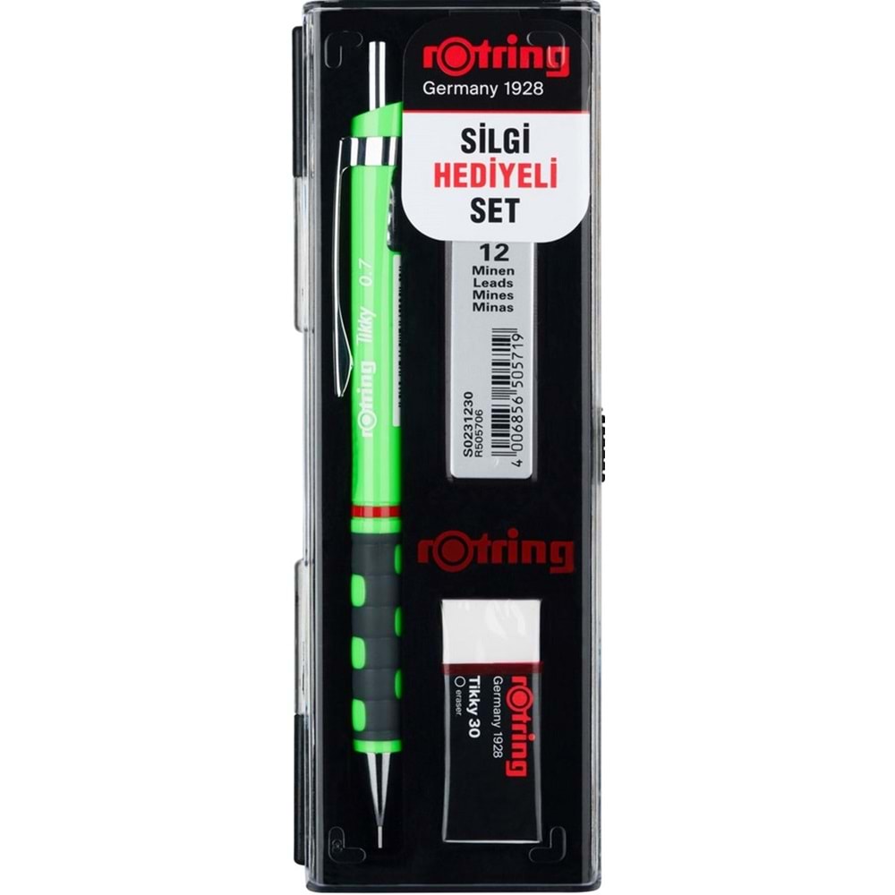 Rotring Tikky Mekanik Kurşun Kalem Set - Min Silgi 3'lü 0.7 Neon Yeşil