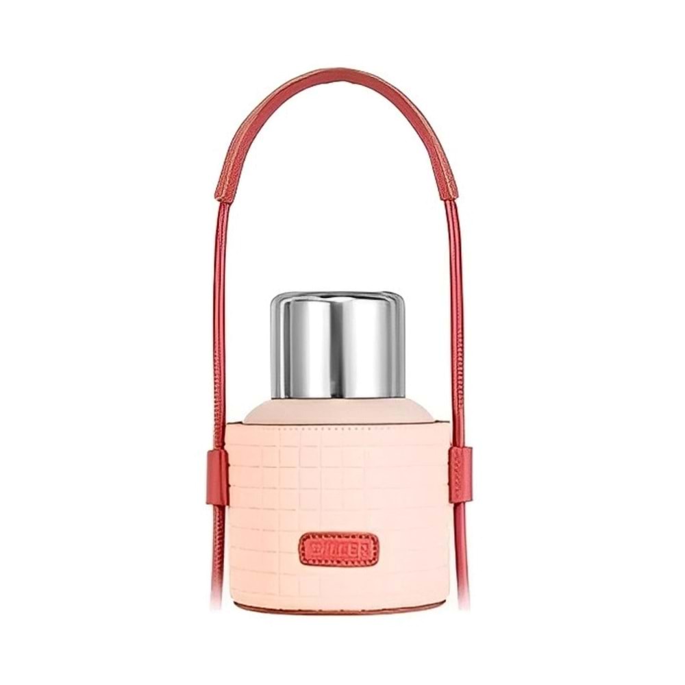 VagonLife Diller 460 Ml Moda Waffle Çizgili Deri Kılıflı Pipetli Taşıma Askılı Paslanmaz Çelik Termos Matara Pembe