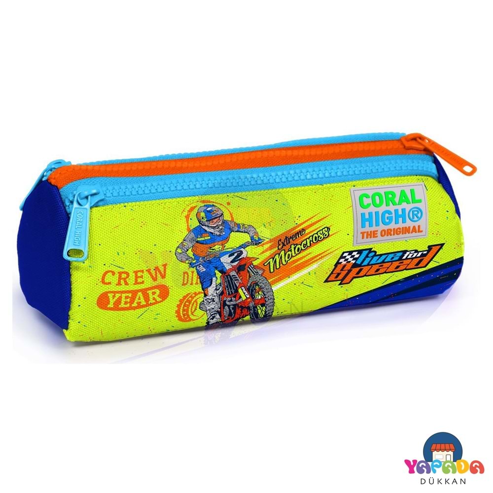 Coral High 22042 Saks Mavisi Motosiklet Desenli Üç Bölmeli Kalem Çantası