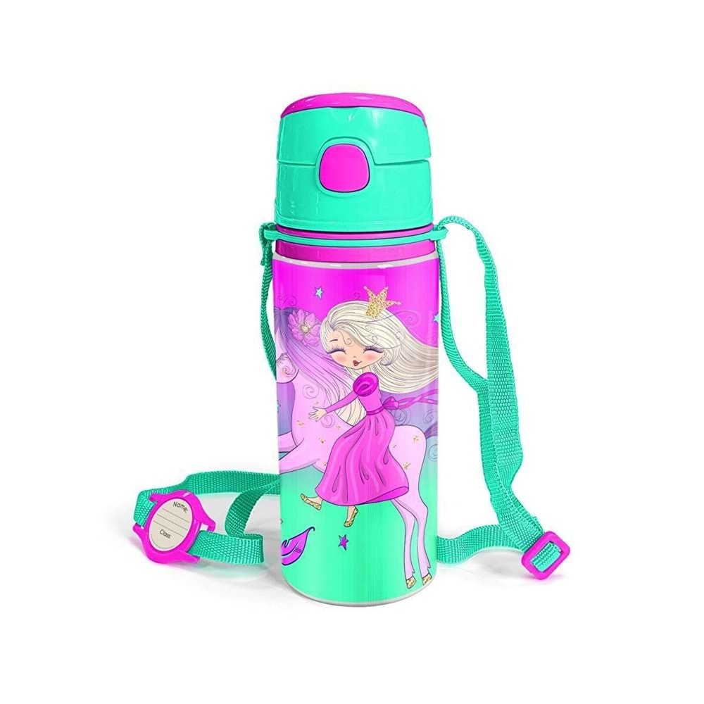 Coral High Kids Açık Pembe Mor Unicornlu Prenses Desenli Alüminyum Su Matarası 600 ml 11952