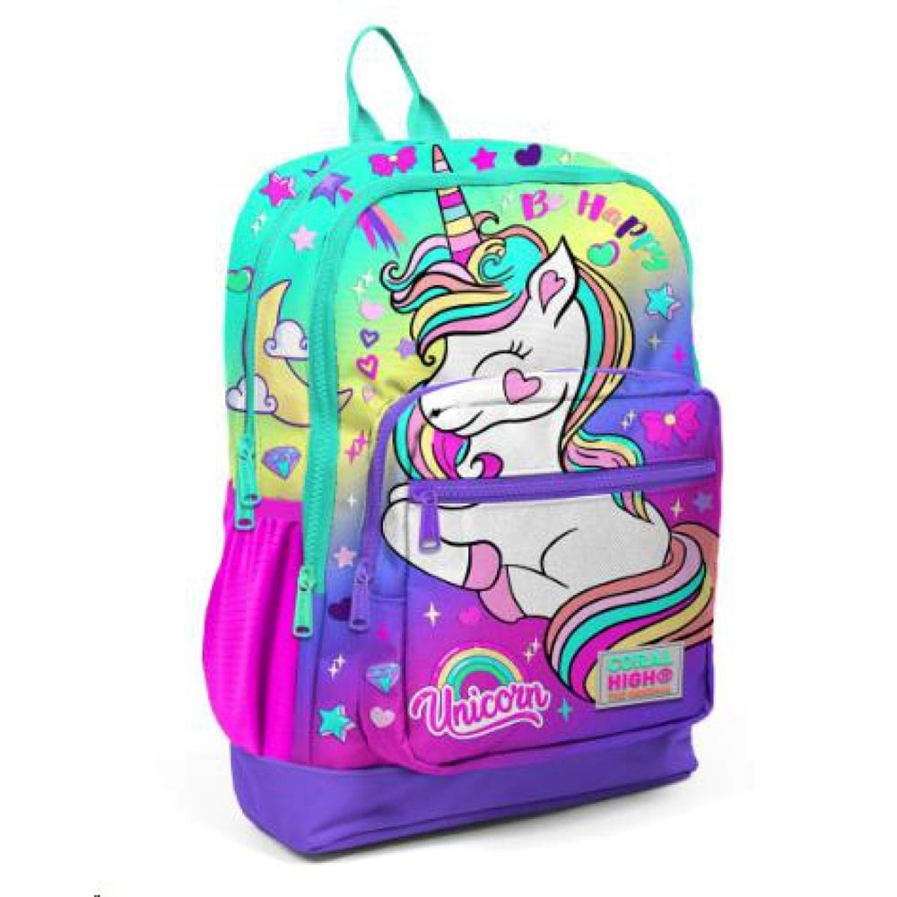 Coral High Kids 23729 Yeşil-Mor Unicorn Desenli Dört Bölmeli Okul Sırt Çantası 38 x 27 x 14 cm