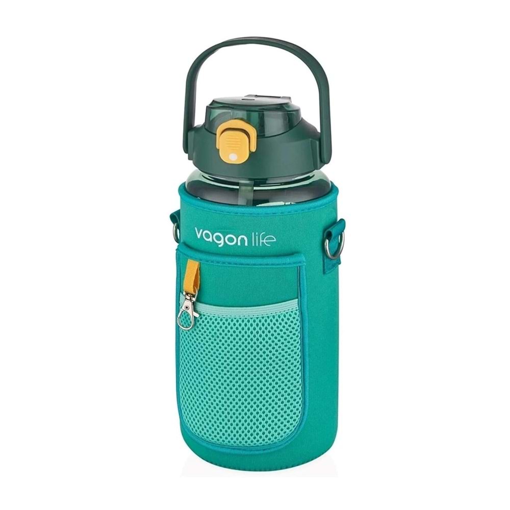 VagonLife 1500 Ml Pipetli Kılıflı Plastik Su Matarası Yeşil Vgn-2115
