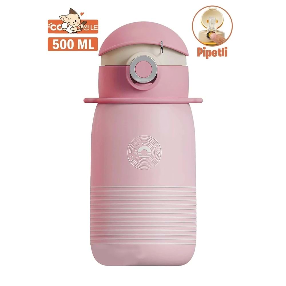 Vagonlife Cocosmile 500Ml Yeni Koleksiyon Çizgi Desenli Pipetli Askılı Çelik Termos Çocuk Matarası Pembe Sm-Cs-0003
