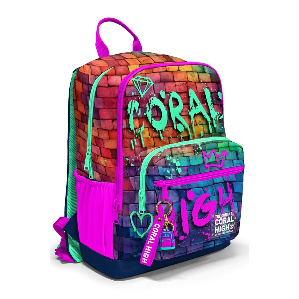 Coral High Kids 23629 Pembe-Lacivert Grafiti Desenli Dört Bölmeli Okul Sırt Çantası 42 x 28 x 16 cm - 18 L