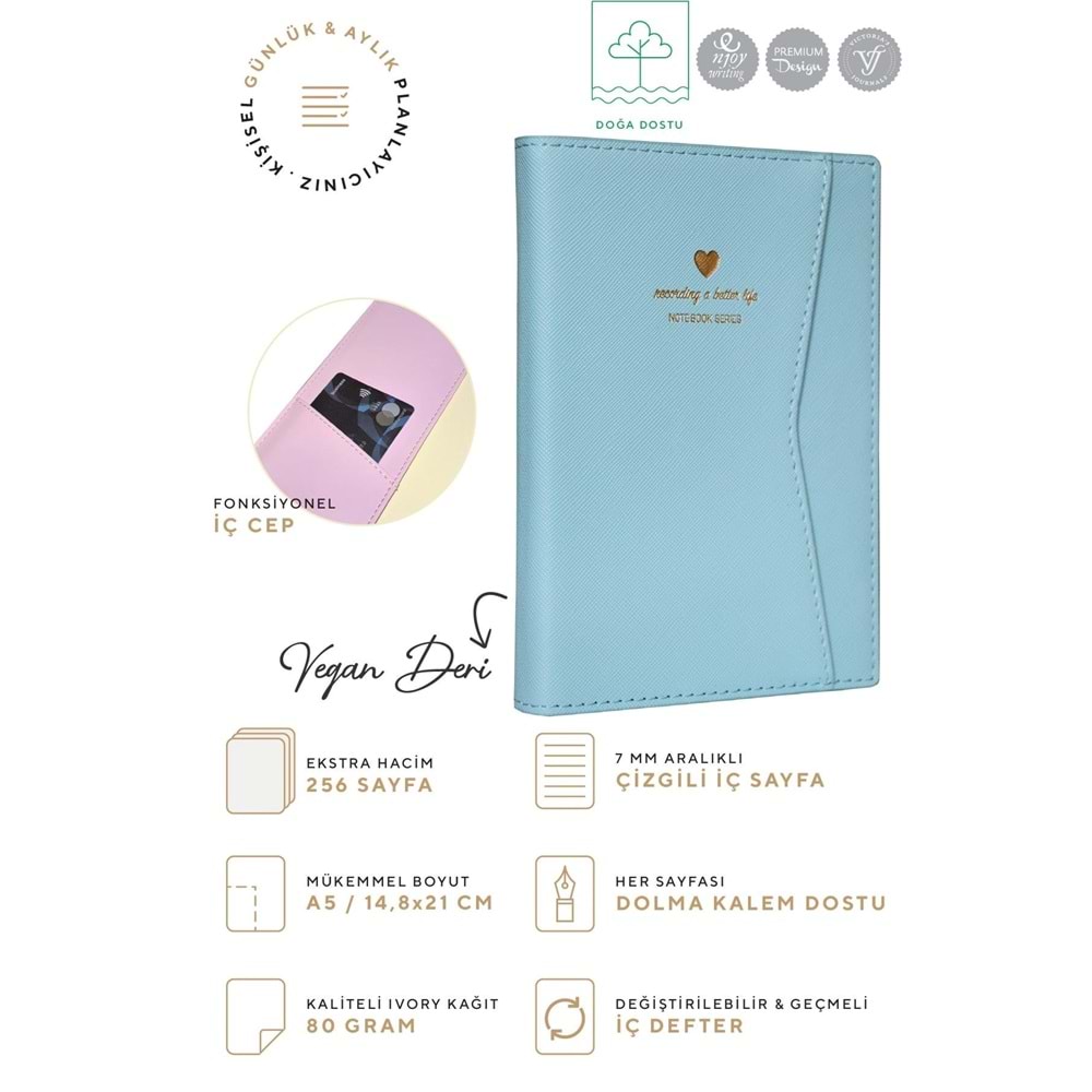 Victoria's Journals Geçmeli ve Cepli Defter A5 Ivory 80 gr 128 yp Çizgili Pastel Mavi