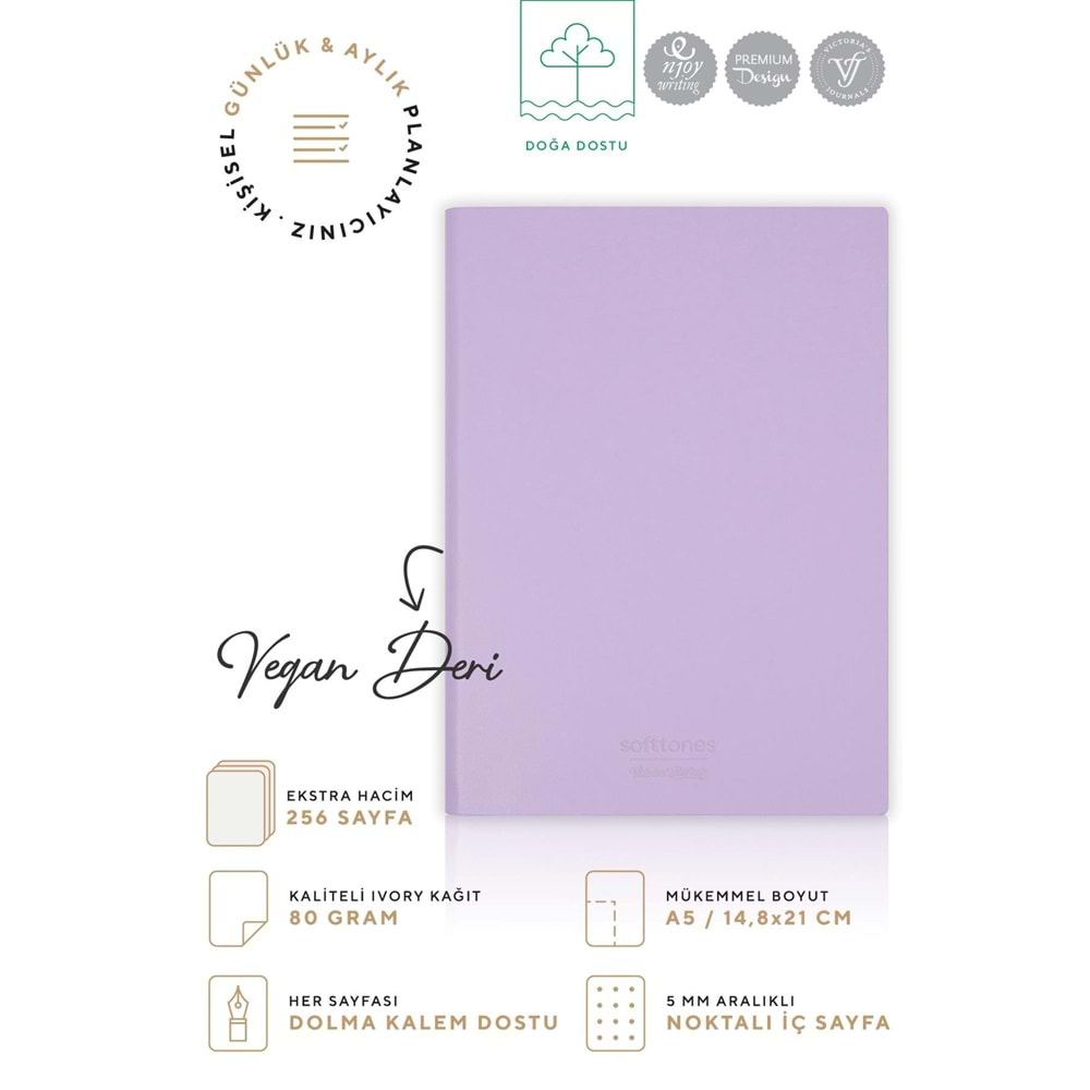 Victorias Journals Softtones Esnek kapak Defter A5 80 gr. Krem 128 yp. Noktalı Mor