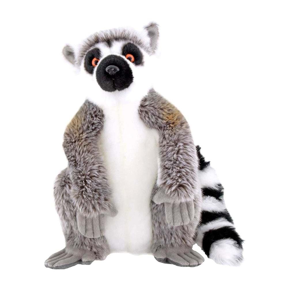 Oturan Lemur Peluş Oyuncak 28 Cm – Siyah Beyaz Halkalı Kuyruklu, Gerçekçi Detaylı Yumuşak Figür