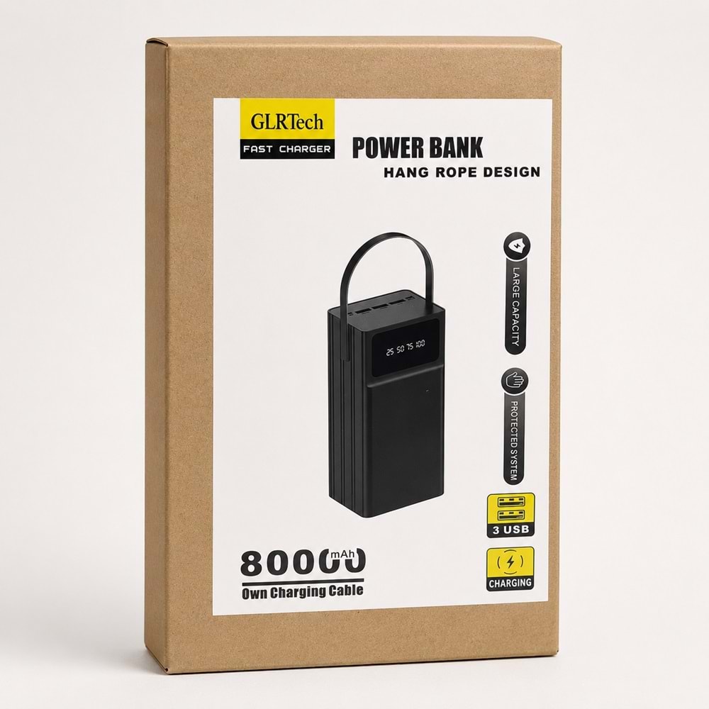 GLRTech 80000 mAh Askı İpli 3 USB Çıkışlı Kablolu Hızlı Şarj Powerbank Siyah