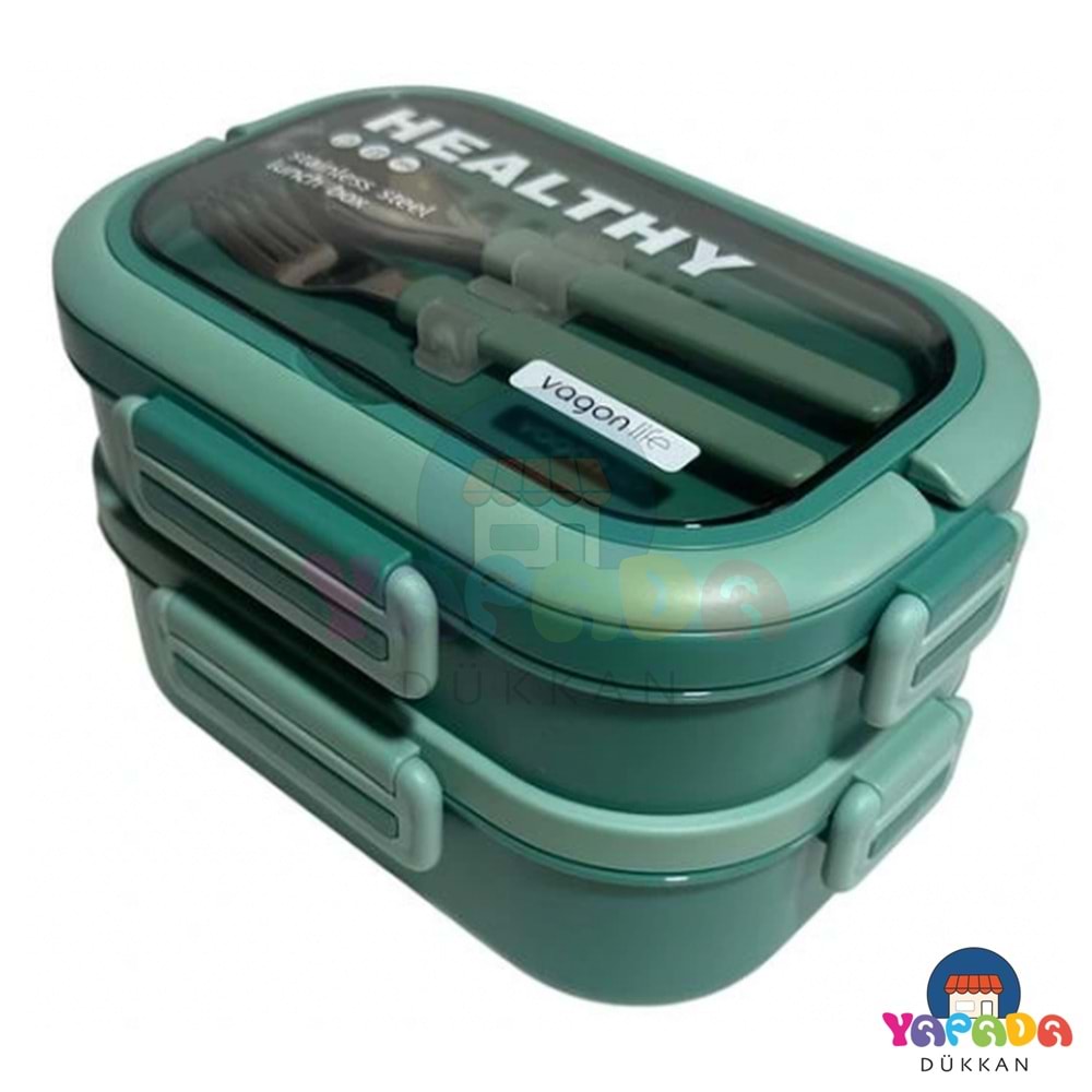 Vagonlife VGN6715 1330 ml İki Katlı Üç Bölmeli 304 Paslanmaz Çelik Yeşil Lunchbox