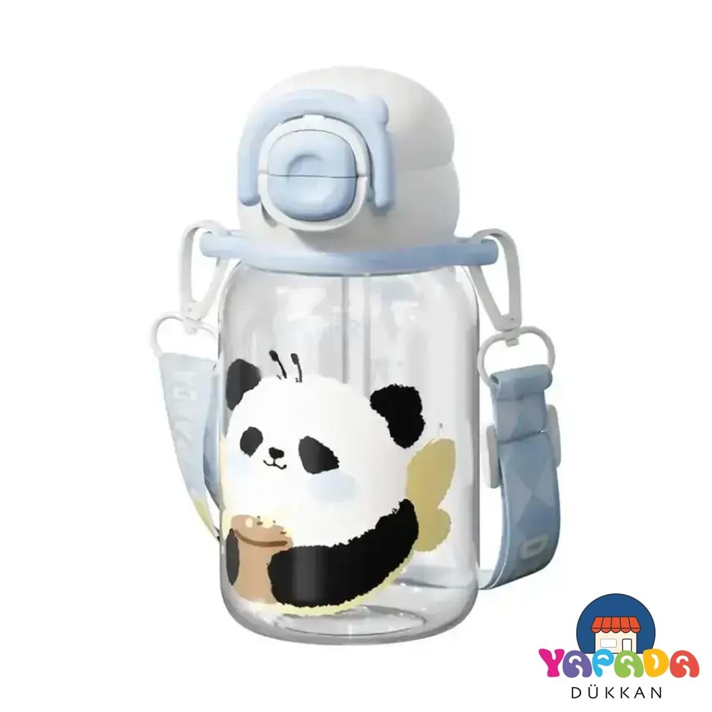 Vagonlife Diller D2582 650 ml Sevimli Hayvan Figürlü BPA İçermeyen Tritan Çift İçim Pipetli Askılı Mavi Su Matarası
