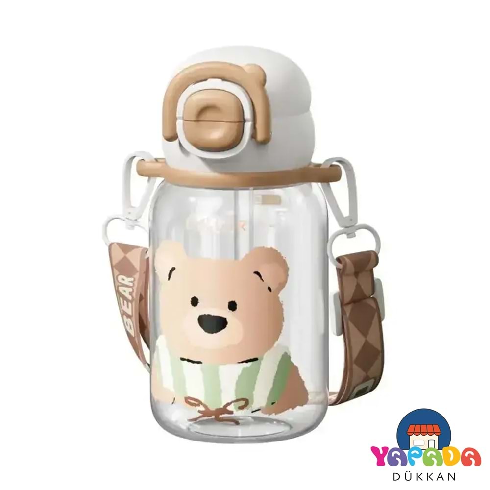 Vagonlife Diller D2582 650 ml Sevimli Hayvan Figürlü BPA İçermeyen Tritan Çift İçim Pipetli Askılı Kahverengi Su Matarası