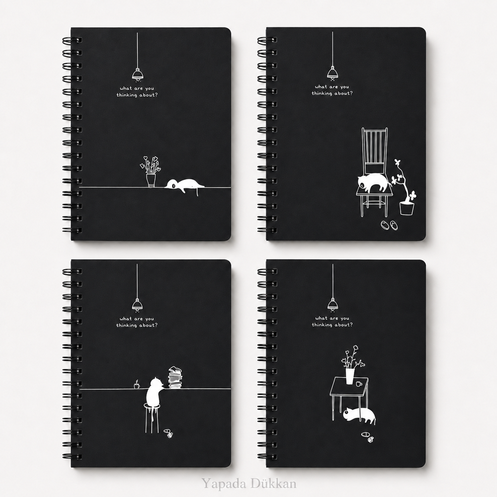 Kedi Desenli Spiralli Sert Kapak 80 Yaprak Siyah Minimal Çizimli Papirüs Defter M217