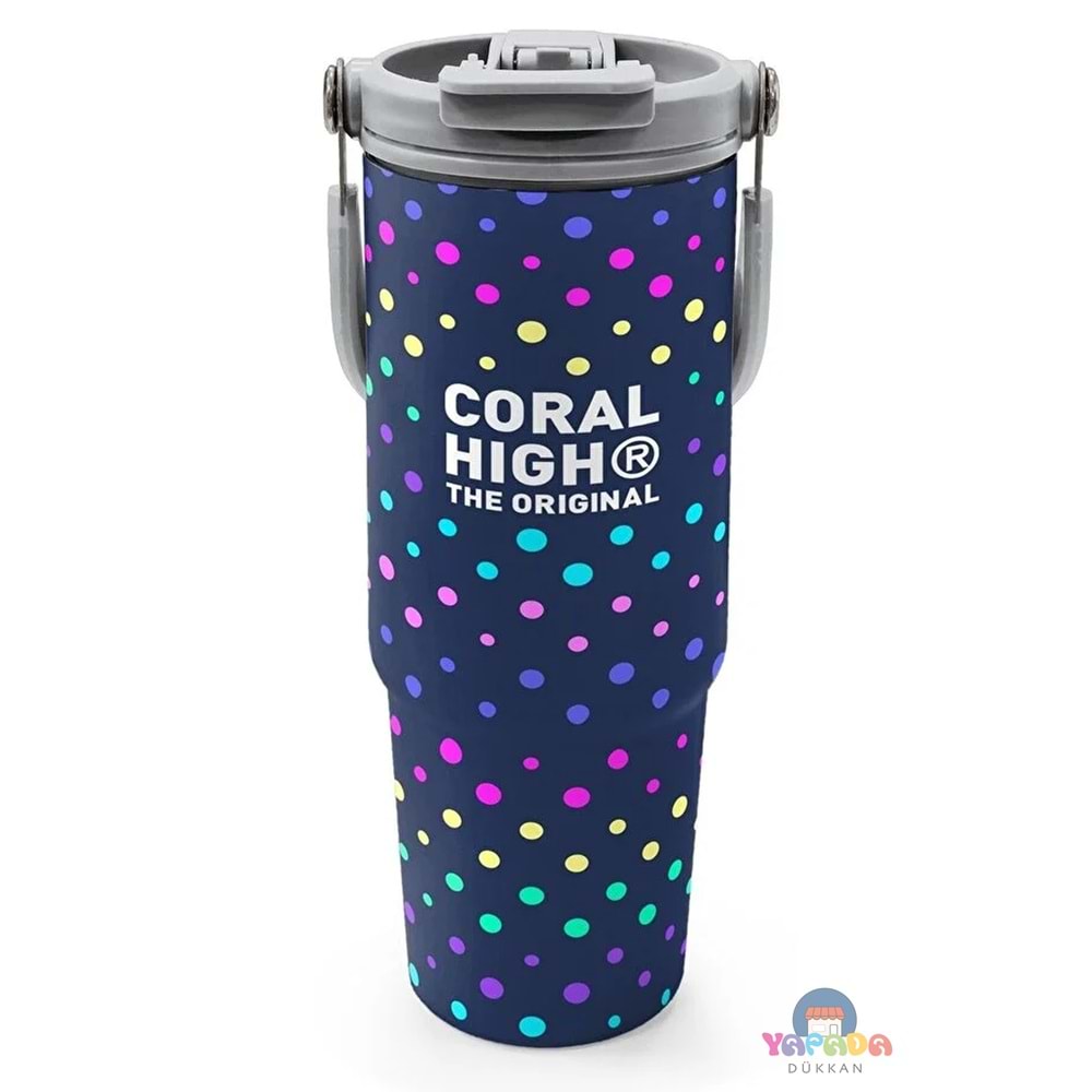 Coral High 38714 Lacivert Puantiyeli Pipetli ve Direkt İçim Çelik Termos 900 ml