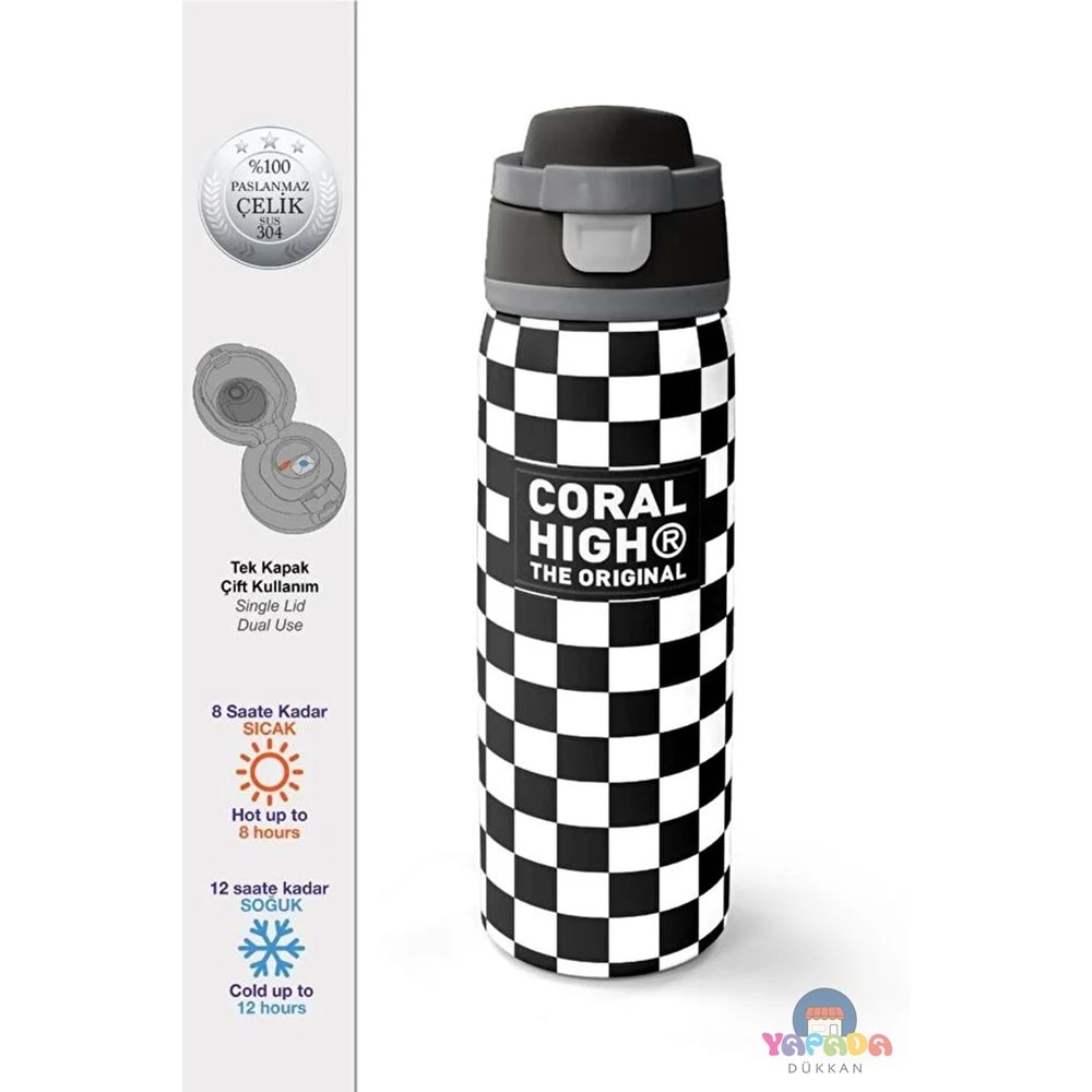 Coral High 38538 Siyah Beyaz Dama Desenli Pipetli ve Direkt İçim Çelik Termos 800 ml
