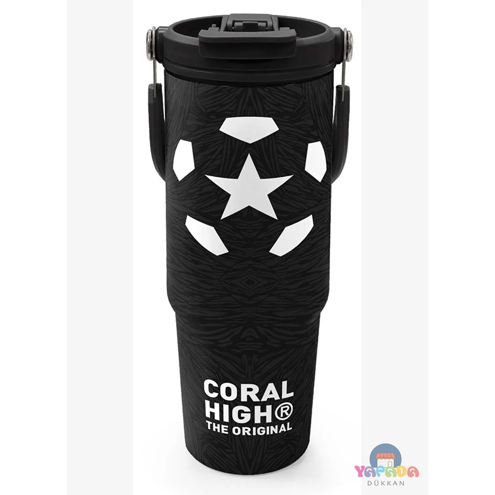 Coral High 38722 Siyah Futbol Desenli Pipetli ve Direkt İçim Çelik Termos 900 ml
