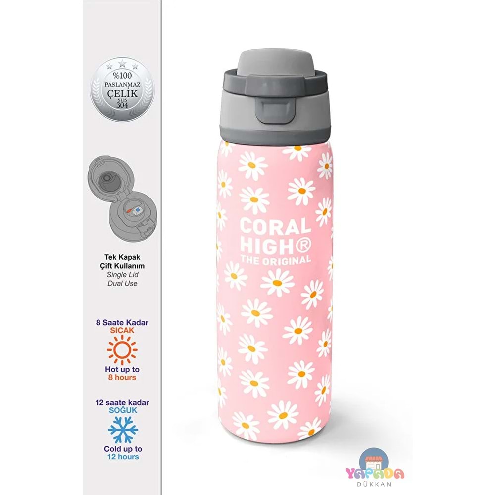Coral High 38502 Papatya Desenli Pipetli ve Direkt İçim Çelik Termos 800 ml