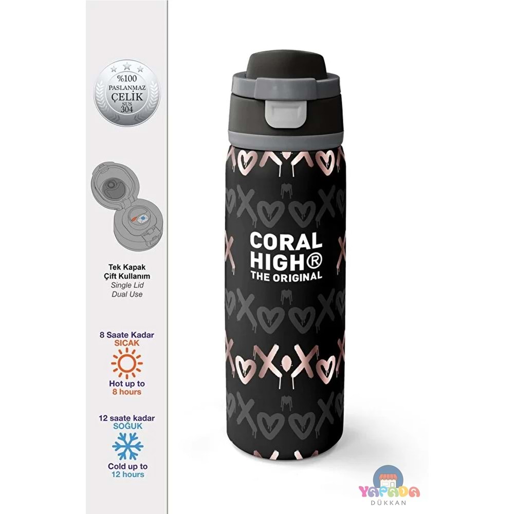 Coral High 38595 Siyah Pudra Desenli Pipetli ve Direkt İçim Çelik Termos 800 ml