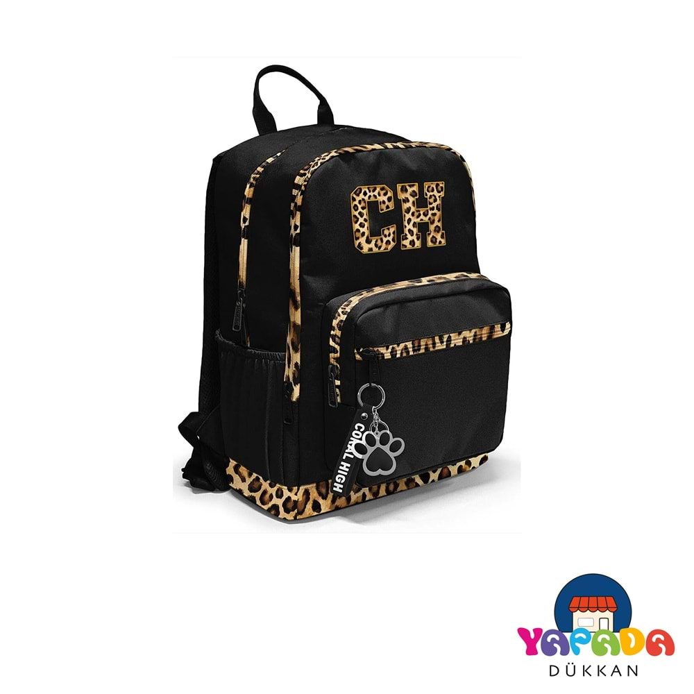 Coral High 33228 Siyah Kahverengi Leopar CH Harf Desenli Dört Bölmeli Okul Sırt Çantası