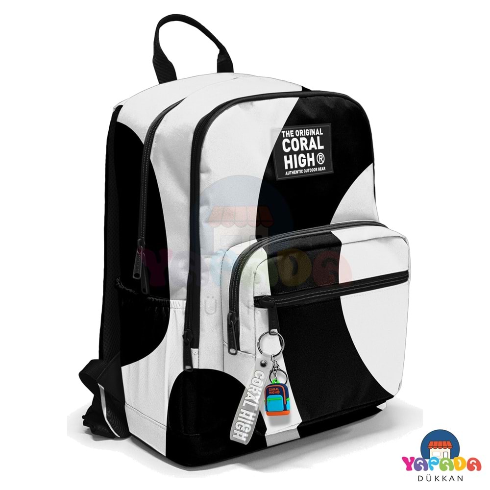 Coral High 23687 Siyah-Beyaz Desenli Dört Bölmeli Okul Sırt Çantası