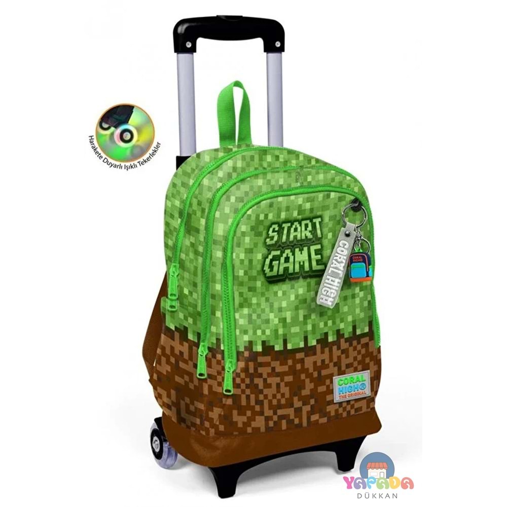 Coral High Kids 23976 Yeşil-Kahverengi High Craft Desenli Üç Bölmeli Işıklı Tekerlekli Çekçekli Okul Sırt Çantası