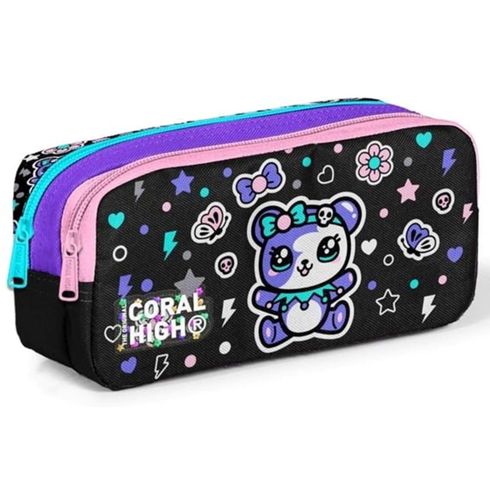Coral High Kids Siyah Ayıcık Desenli İki Bölmeli Kalem Çantası 31042