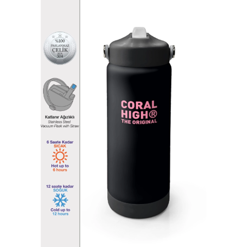 Coral High 38355 Siyah Pembe Desenli Katlanır Ağızlıklı Çelik Termos 650 ml