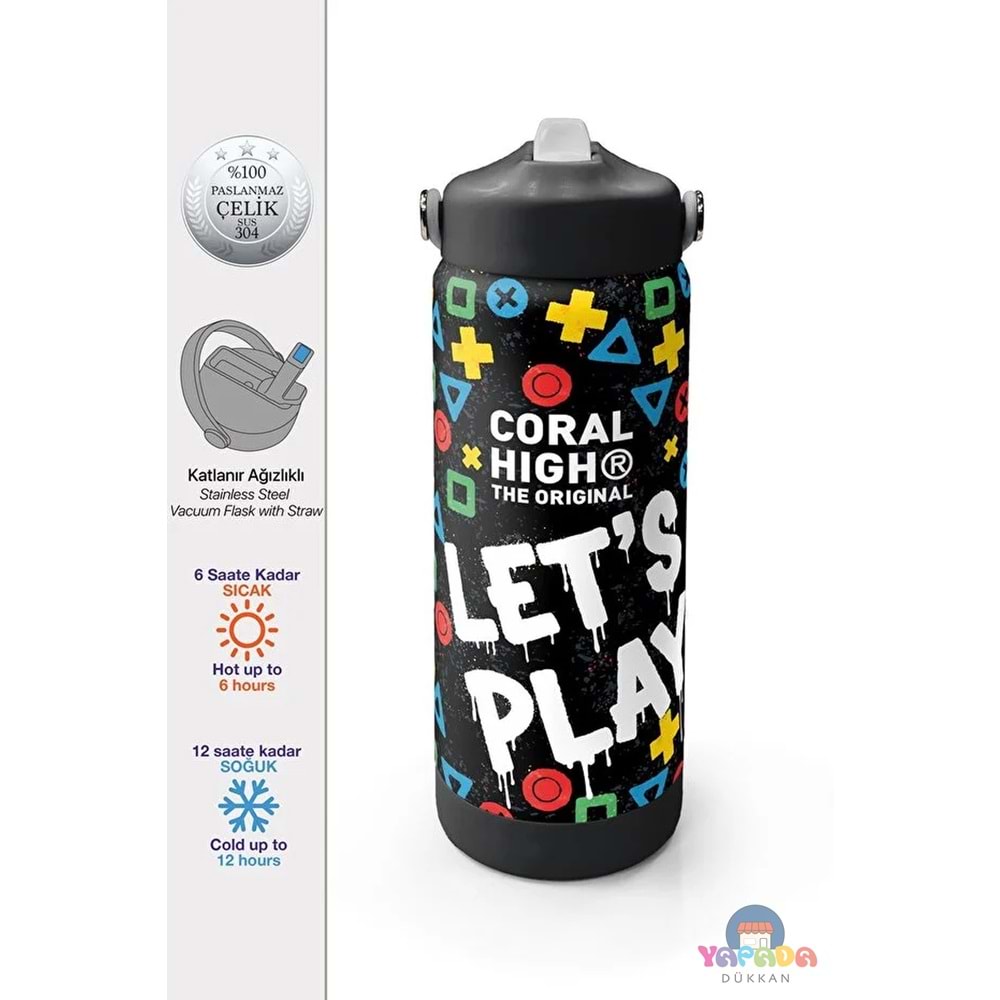 Coral High 38314 Siyah Let's Play Desenli Katlanır Ağızlıklı Çelik Termos 650 ml