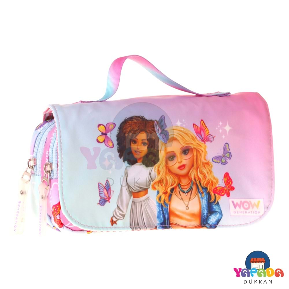 Wow Generation Butterfly W6077 Turkuaz-Pembe Üç Bölmeli Taşıma Askılı Kalem Çantası