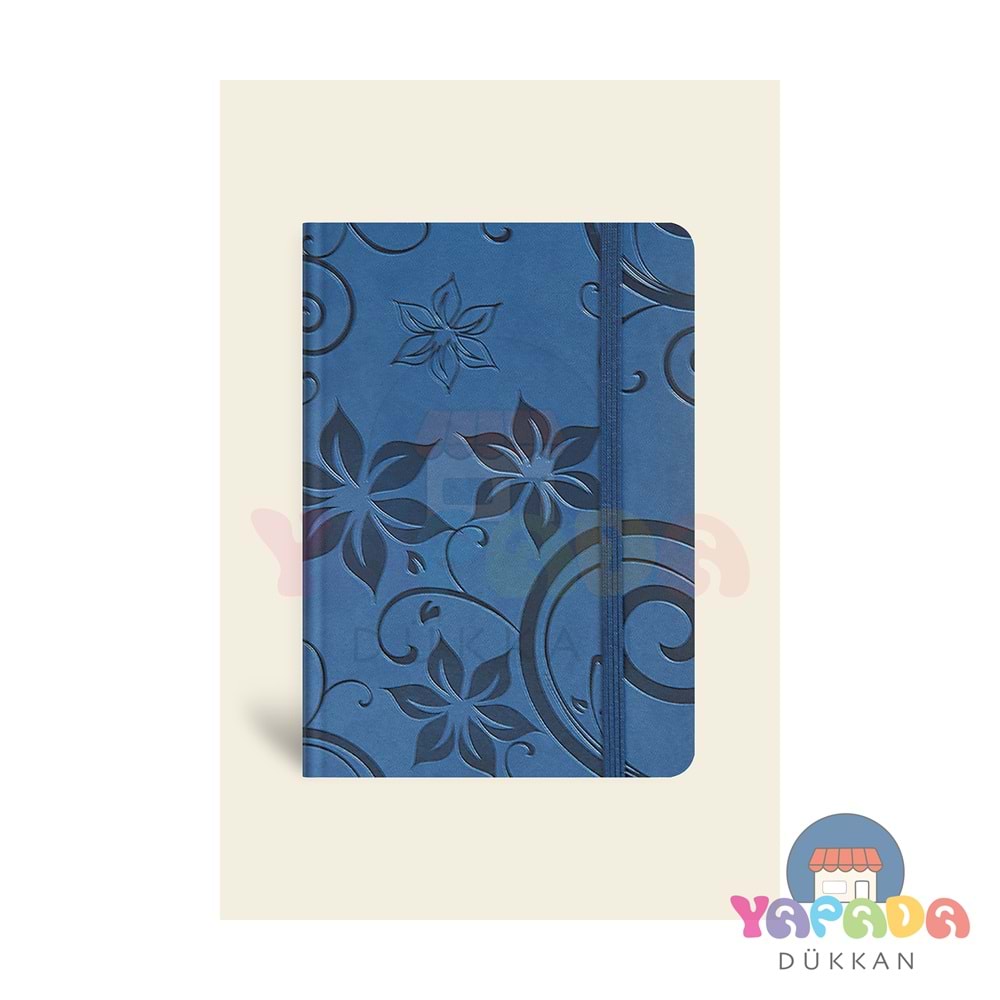 Victoria's Journals Fleur - Vegan Deri Sert Kapak Defter A5 120 gr., 80 yaprak. Noktalı.Kutulu-Mavi