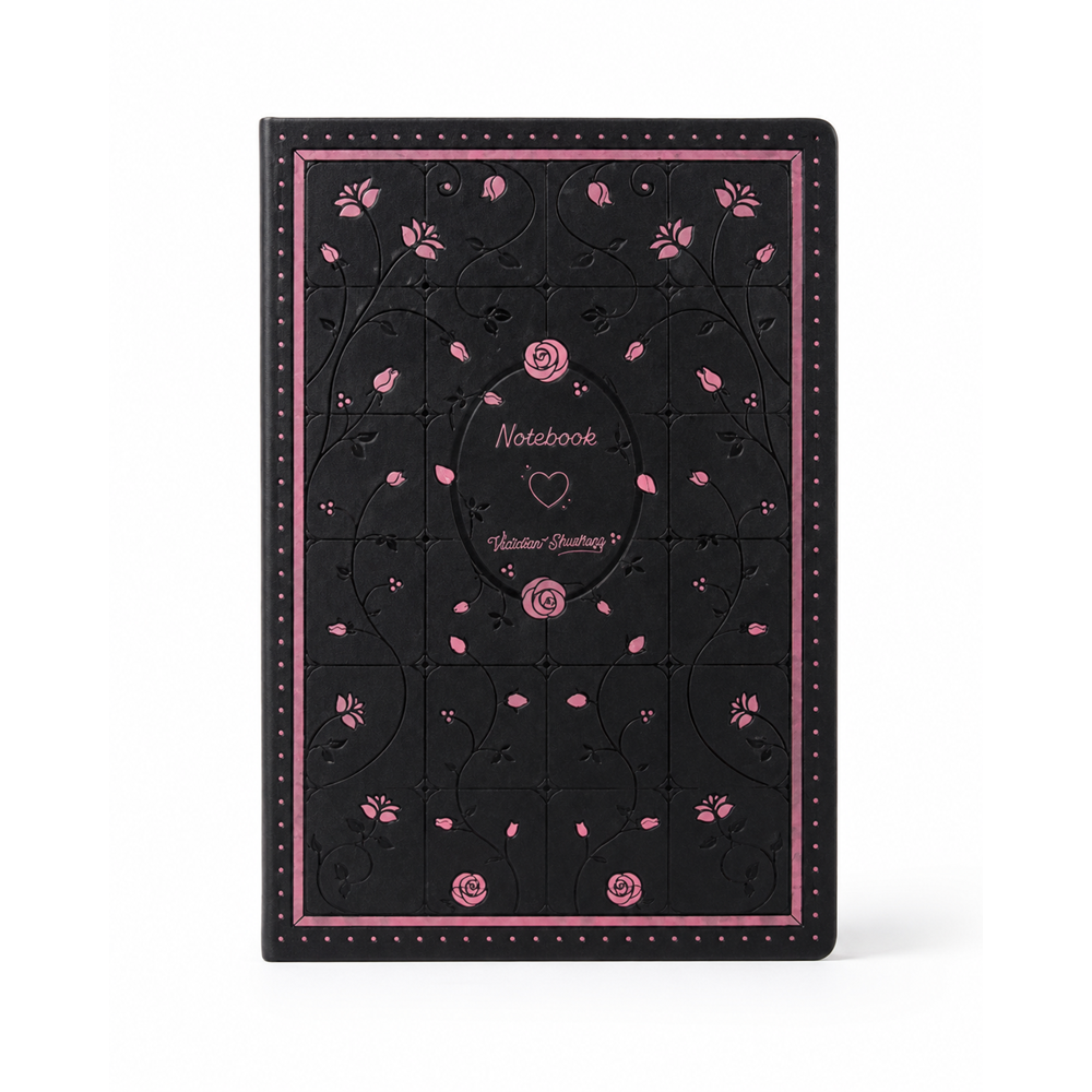 Victoria's Journals Fleur - Vegan Deri Sert Kapak Defter A5 120 gr., 80 yaprak. Noktalı.Kutulu,Siyah