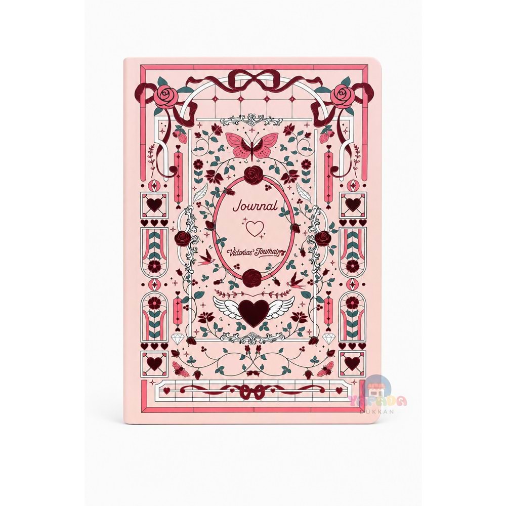 Victoria’s Journals Smyth Art Vegan Deri Defter 100 gr 120 Yaprak - Pembe Kalp ve Gül Desenli