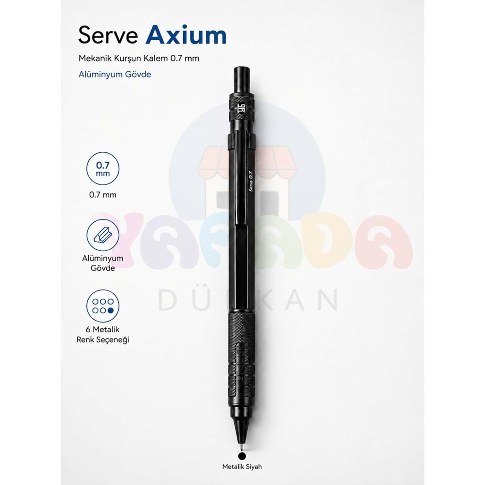 Serve Axium 0.7 mm Alüminyum Gövdeli Versatil Kalem Metalik Siyah