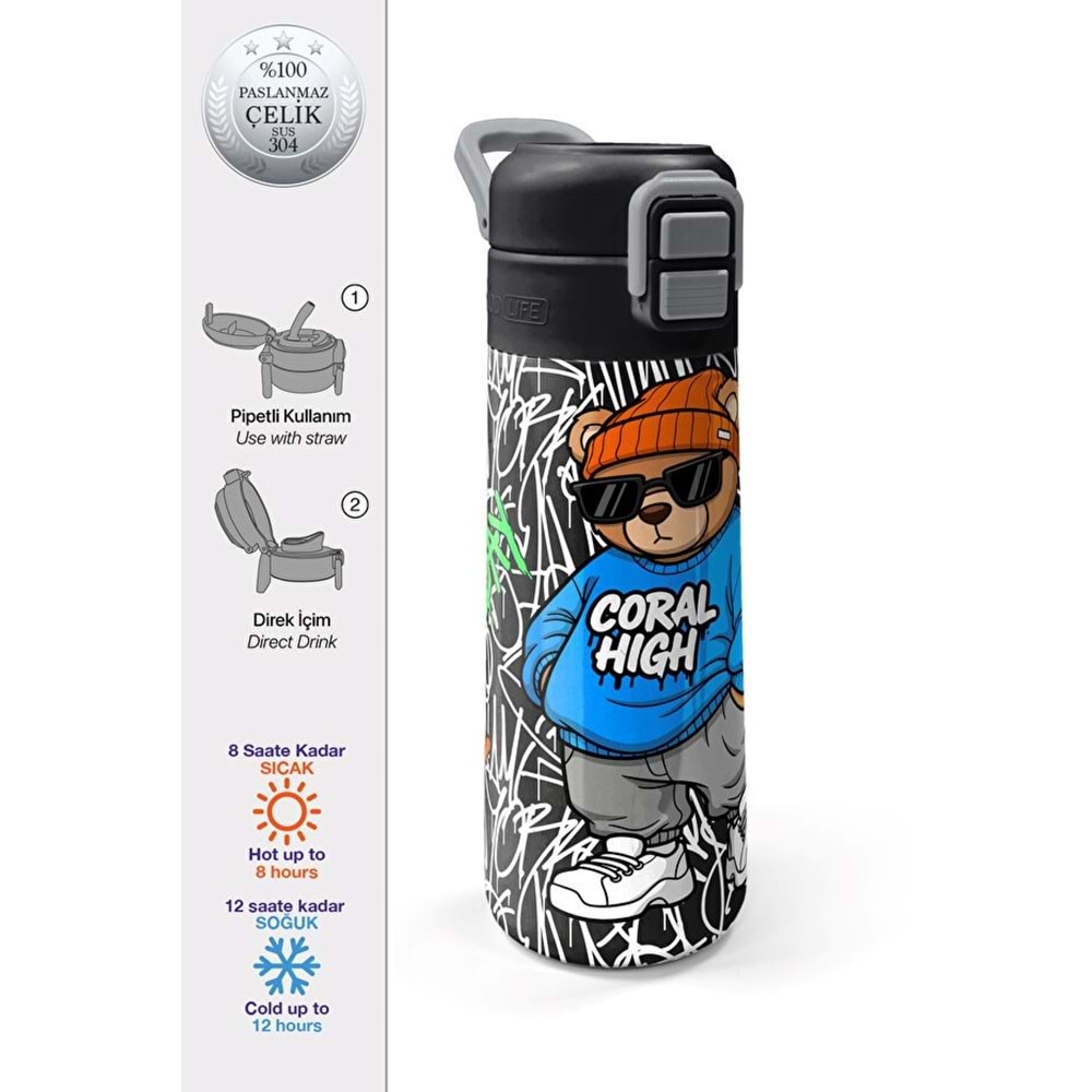 Coral High YGN38132 500 ml Siyah-Mavi Grafiti Ayıcık Baskılı Vakumlu 304 Paslanmaz Çelik Termos Matara