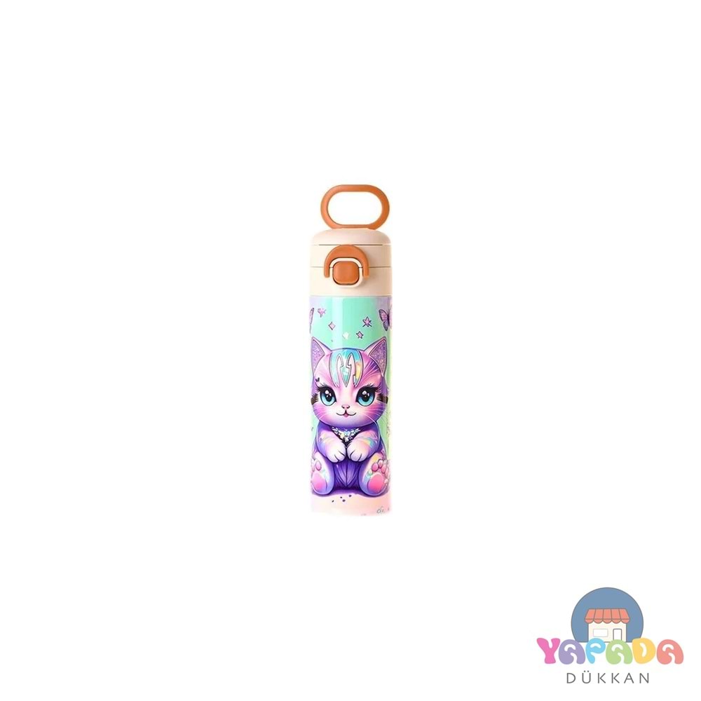 Kaukko Kids L5291 Meow Yeşil-Mor 520 ml SUS316 Paslanmaz Çelik Çift İçim Kilitli Termos Matara