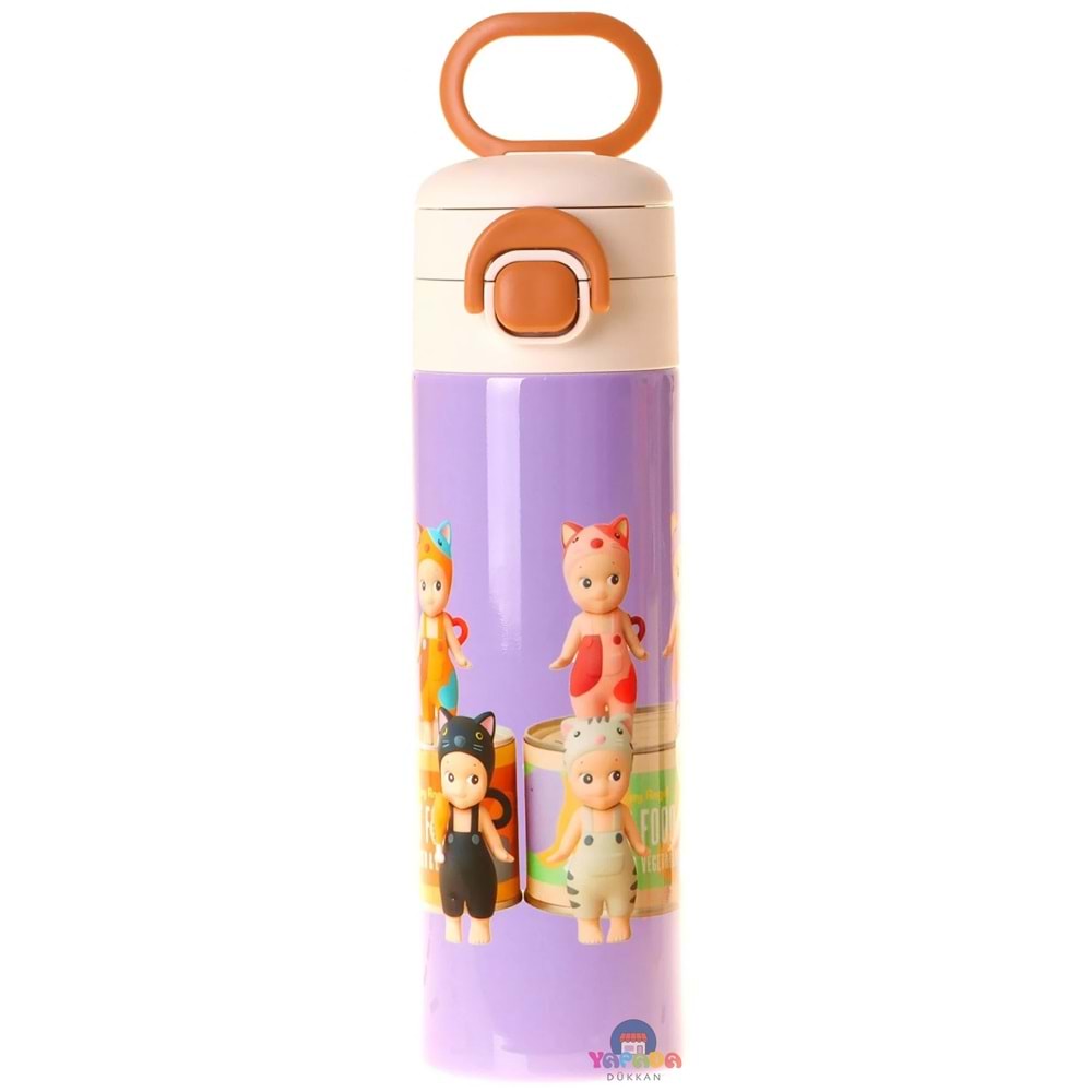 Kaukko Kids L5316 Cat Life Mor-Krem 520 ml SUS316 Paslanmaz Çelik Çift İçim Kilitli Termos Matara