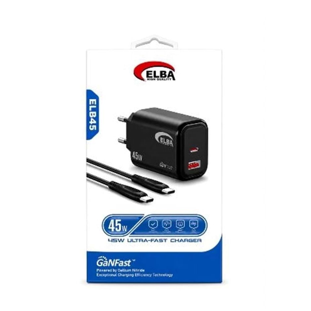 Elba ELB45 45W Siyah GaNFast USB-C Hızlı Şarj Adaptörü + USB-C to USB-C Kablo Seti