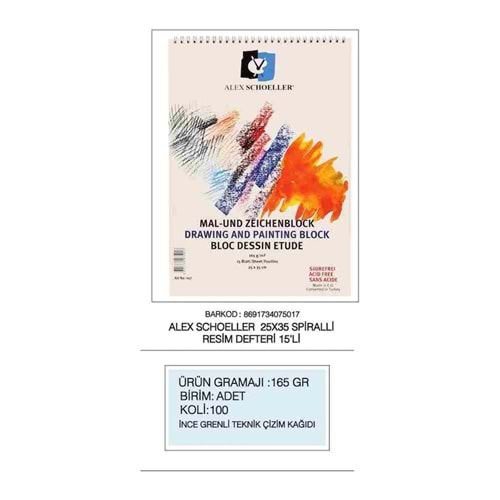 Alex Schoeller 25x35 Resim Defteri Spiralli 165 Gr