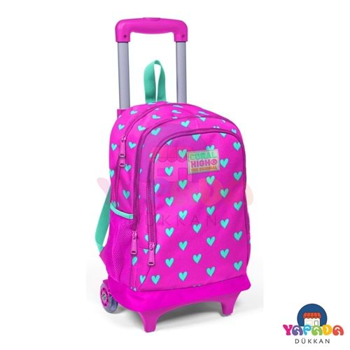 Coral High Kids 23133 Neon Pembe-Su Yeşili Kalp Desenli Üç Bölmeli Işıklı Tekerlekli Çekçekli Okul Sırt Çantası