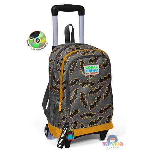 Coral High Kids 23921 Koyu Gri-Hardal Yarasa Desenli Üç Bölmeli Işıklı Tekerlekli Çekçekli Okul Sırt Çantası 38 x 25 x 18 cm - 17 L