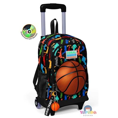 Coral High Kids 23377 Siyah Basketbol Desenli Üç Bölmeli Işıklı Tekerlekli Çekçekli Okul Sırt Çantası