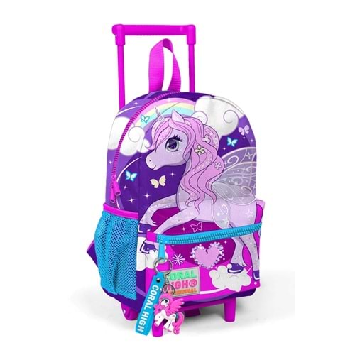 Coral High Kids 24009 Mor-Pembe Unicorn Desenli İki Bölmeli Çekçekli Anaokulu Sırt Çantası 33 x 22 x 10 cm