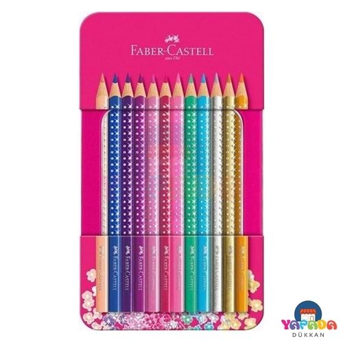 Faber-Castell Sparkle 201737 12 Renk Üçgen Gövdeli Metal Kutulu Kuru Boya Kalemi Seti - Pembe