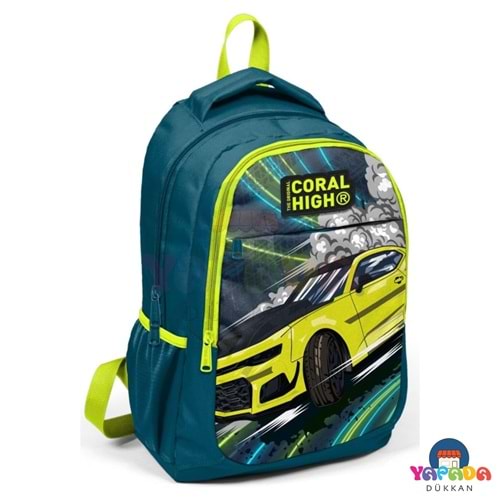 Coral High Kids 14406 Nefti-Fosforlu Sarı Araba Desenli Üç Bölmeli Okul Sırt Çantası