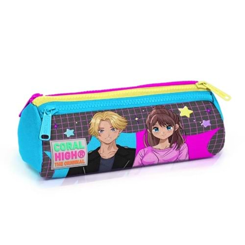 Coral High Kids 22037 Gri-Mavi-Pembe Anime Desenli Üç Bölmeli Fermuarlı Kalem Çantası