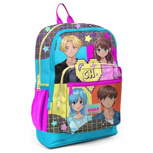 Coral High Kids 23737 Gri-Mavi-Pembe Anime Desenli Okul Sırt Çantası