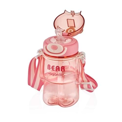 Vagonlife 800 ml Tritan Bear Askılı Pipetli Su Matarası Pembe Vgn-2027