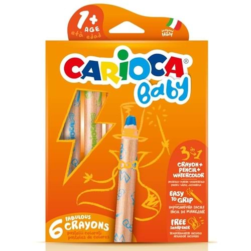 Carioca Jumbo Bebek Ahşap Gövdeli Boya Kalemi 6 Renk Kalemtraş 3İn1